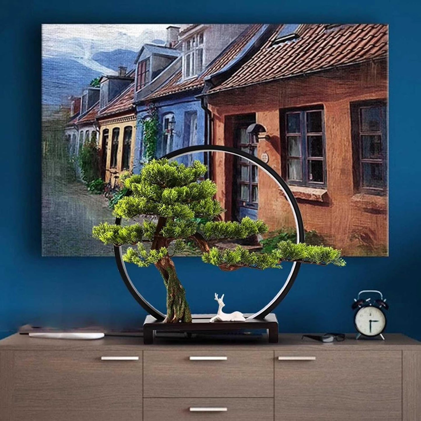 Artificial Bonsai Tree with Lamp Ring, Realistic Welcome Pine Potted Plant Ornament, Green Plant Fake Plant Decoration Potted for Decoration, Desktop Display