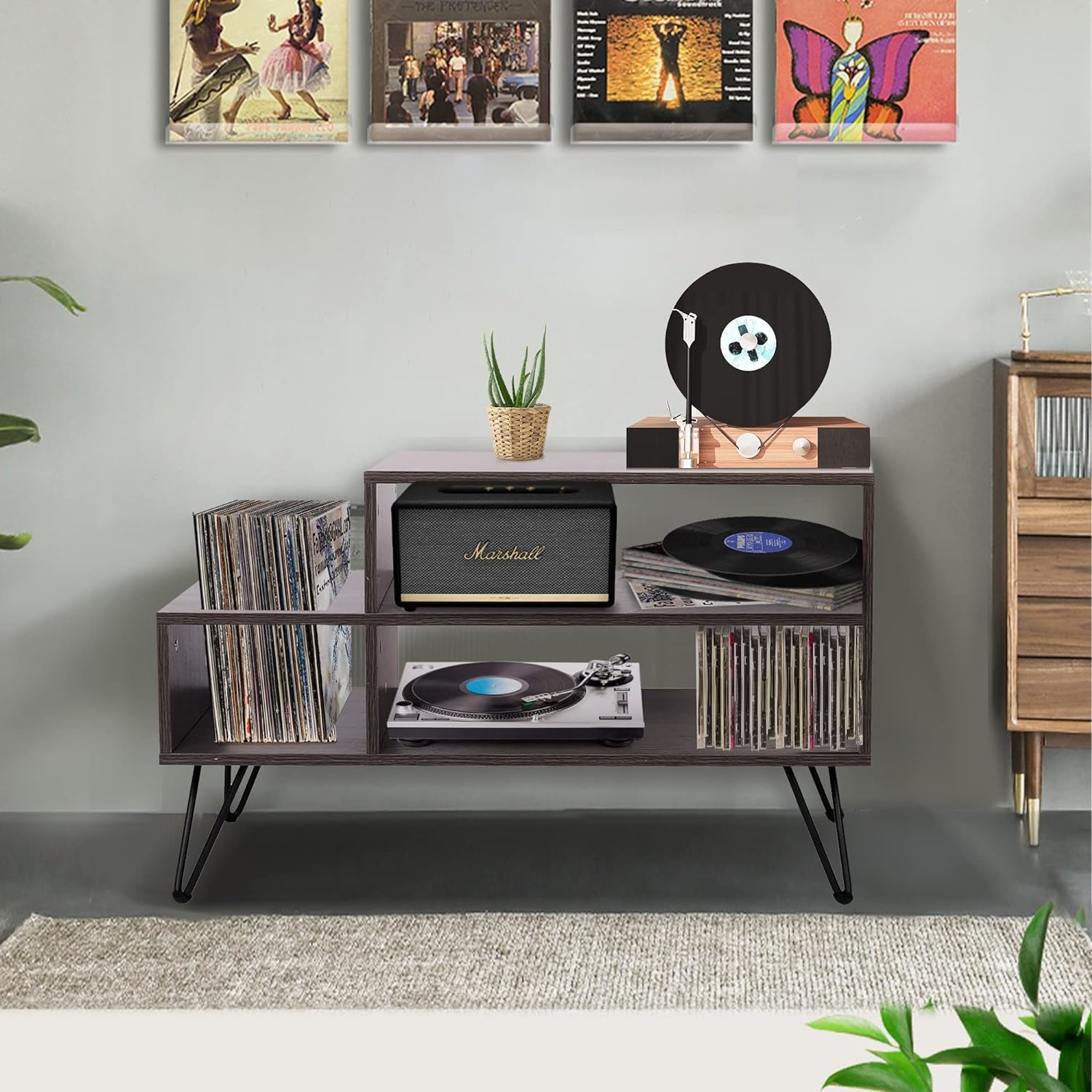 Record Player Stand Turntable Stand Cabinet Vinyl Record Storage Table LP Record Holder with Metal Legs for Bedroom Living Room Grey 34.1Inx18.1Inx21.1In