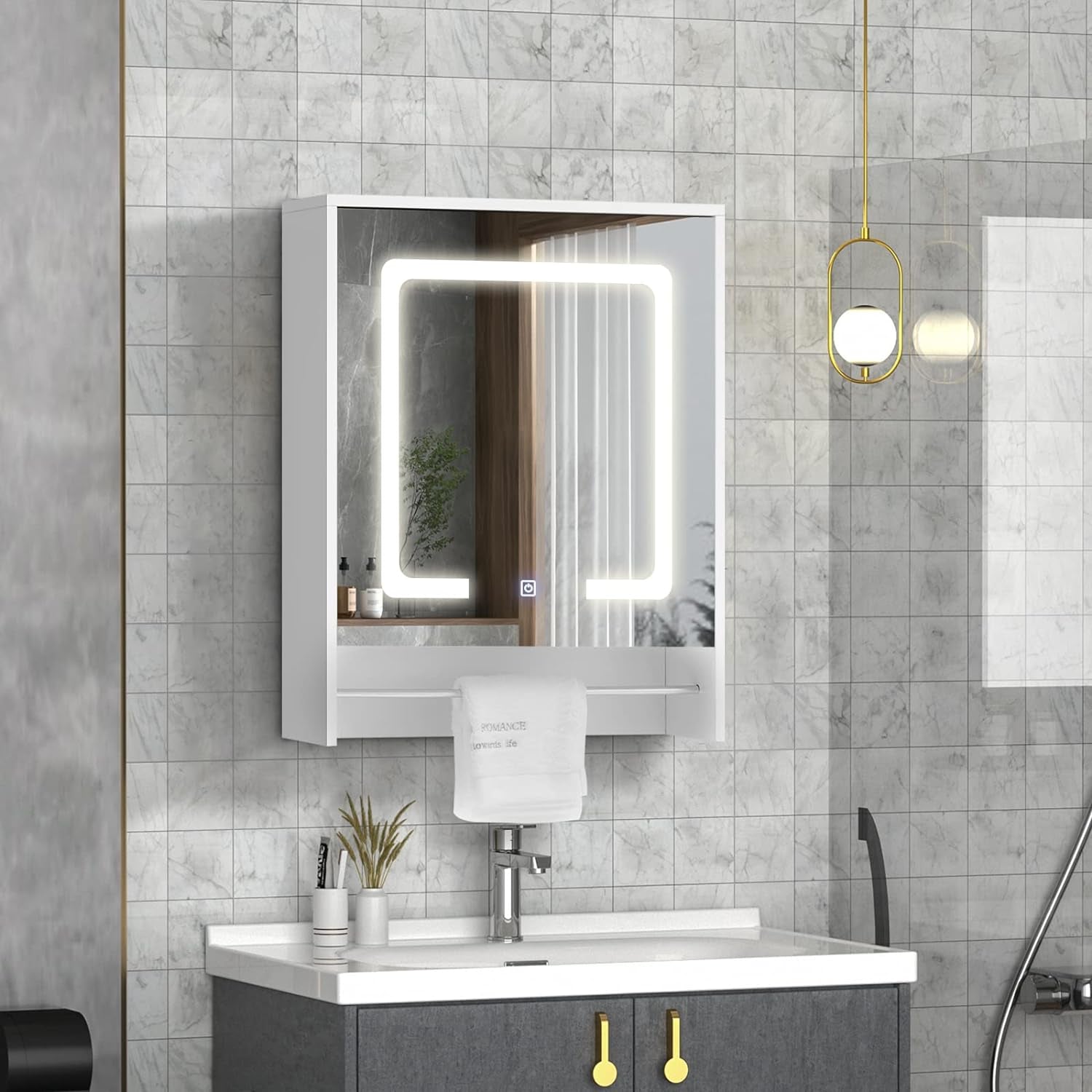 Bathroom Wall Cabinet with LED Lights,Wall Mounted Bathroom Mirror Cabinet with Adjustable Height Shelves and Tower Rack,Mirror Medicine Cabinet for Living Room Bathroom Toilet