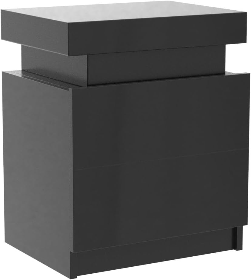 Bedside Table with 2 Drawers, 4 Sides High Gloss LED Bedside Cabinet with 16 Colours, Side Cabinet Nightstand Bedroom Living Room Furniture Black