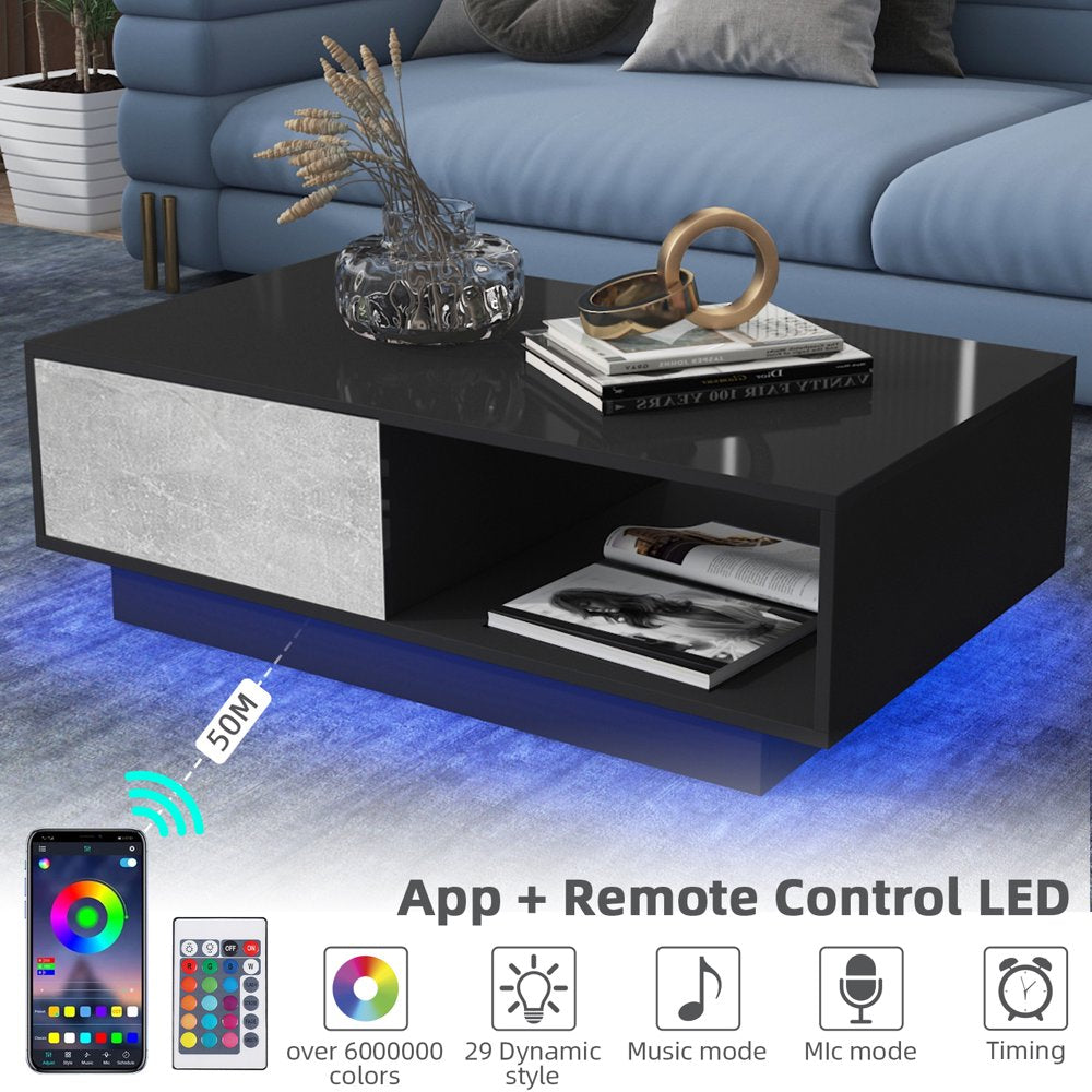 LED Coffee Table Center Table High Gloss Modern Coffee Table Sofa Side Tea Cocktail Tables with Drawer Open Shelf for Living Room Gray Black