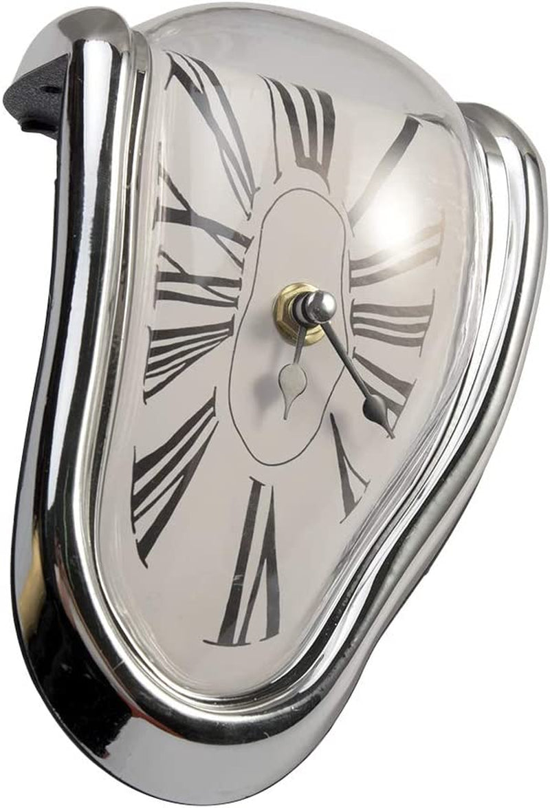 Melting Clock, Distorted Table Clock, Decorative Salvador Dali Style Watch Melted Clock, Melted Clock for Office Shelf Desk(Silver)