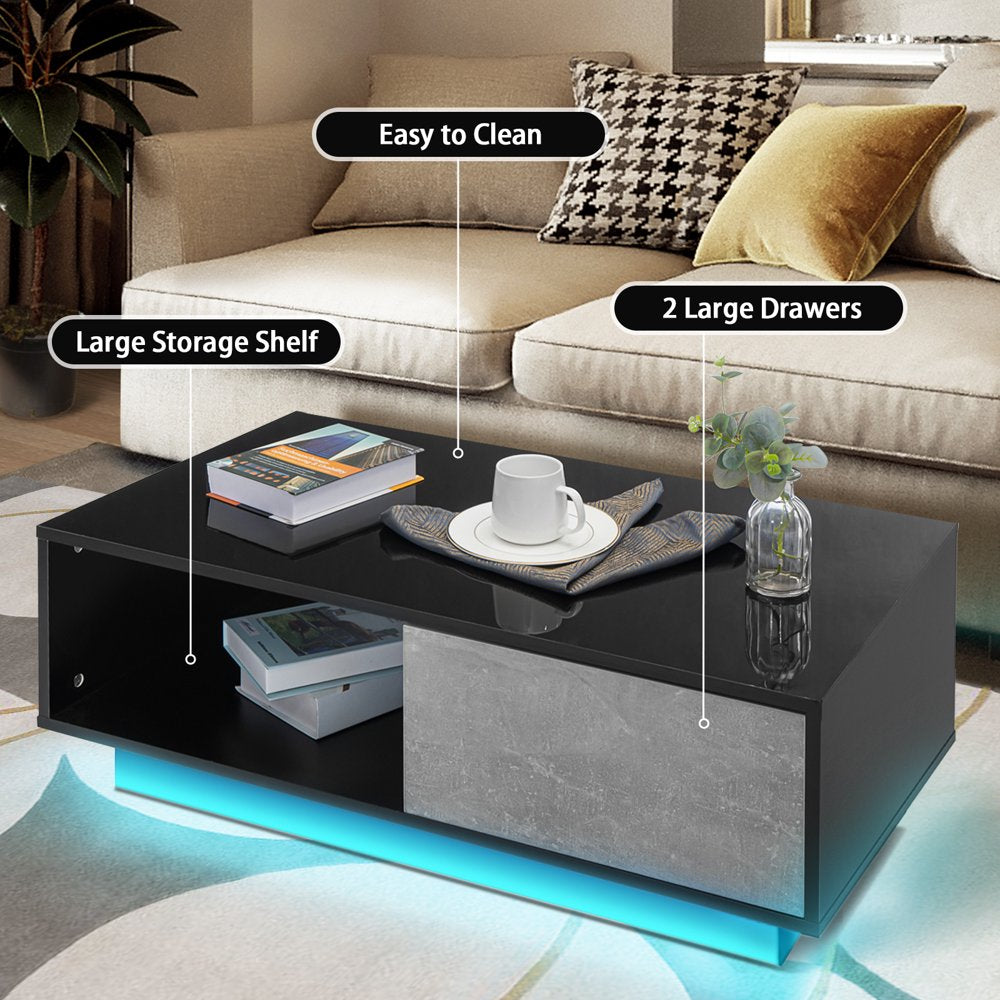 LED Coffee Table Center Table High Gloss Modern Coffee Table Sofa Side Tea Cocktail Tables with Drawer Open Shelf for Living Room Gray Black