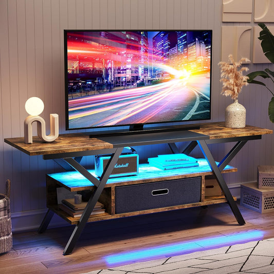 Bedroom TV Stand for 55 Inch TV Gaming Entertainment Center Industrial Rustic TV Stand with Led Lights 20 Modes TV Console with Fabric Drawer