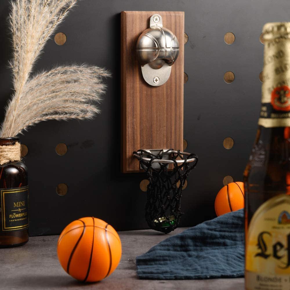 Magnetic Basketball Bottle Opener, Wooden Wall Mounted Opener with Cap Collector Catcher, Gift for Basketball and Beer Lovers, Use as Kitchen-Yard-Bar Decoration.