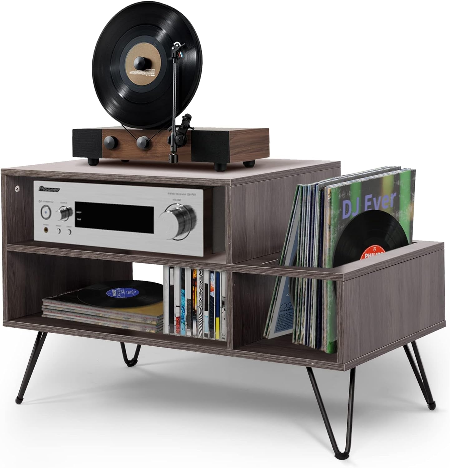 Record Player Stand Turntable Stand Cabinet Vinyl Record Storage Table LP Record Holder with Metal Legs for Bedroom Living Room Grey 34.1Inx18.1Inx21.1In