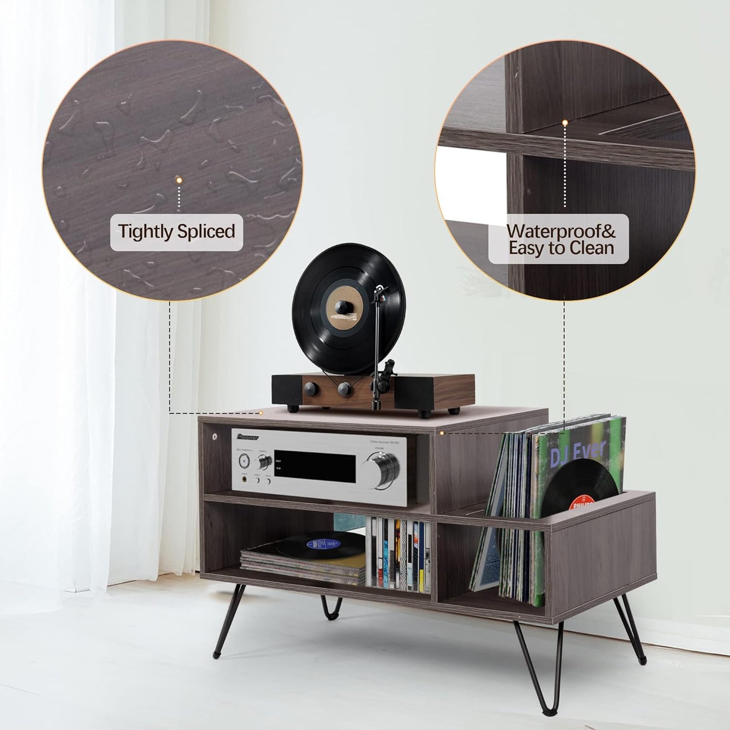 Record Player Stand Turntable Stand Cabinet Vinyl Record Storage Table LP Record Holder with Metal Legs for Bedroom Living Room Grey 34.1Inx18.1Inx21.1In