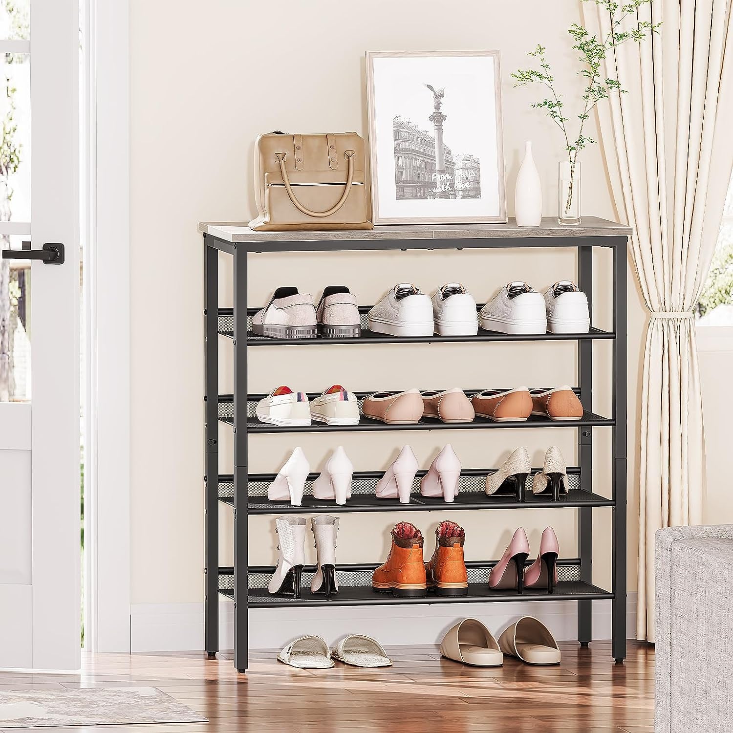 Shoe Rack, 5-Tier Shoe Organizer, Shoe Storage Rack for 16-20 Pairs, Adjustable Mesh Shelves, Shoe Storage Unit for Entryway, Metal Frame, Sturdy, Industrial, Greige and Black EBG12XJ01