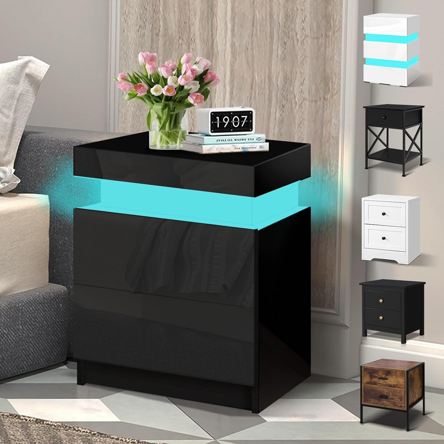 Bedside Table with 2 Drawers, 4 Sides High Gloss LED Bedside Cabinet with 16 Colours, Side Cabinet Nightstand Bedroom Living Room Furniture Black