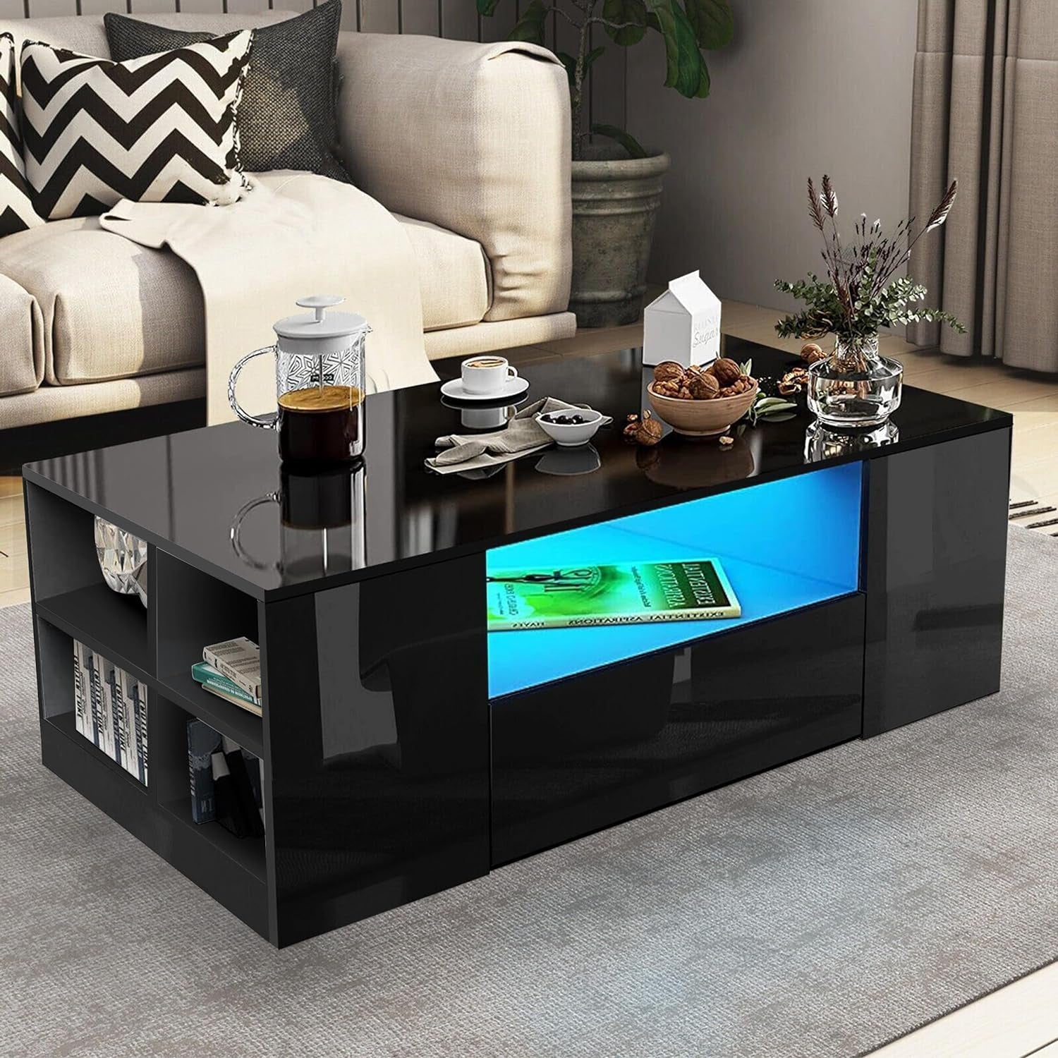 Led Coffee Table with 2 Drawer Storage, High Gloss Coffee Table for Living Room Wooden Centre Table with RGB Led Lights Rectangle Tea Table for Living Room Furniture, Black