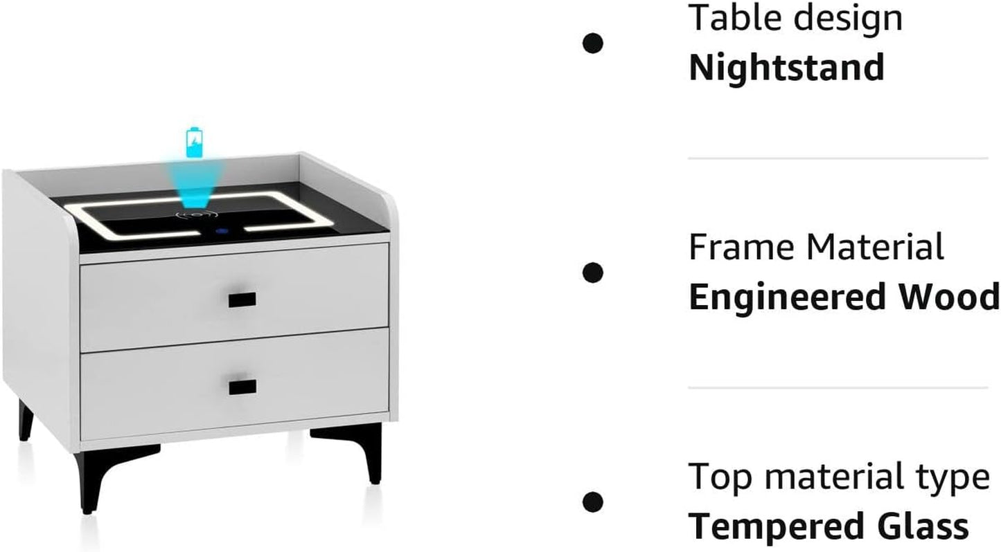 White High Gloss Bedside Table with 2 Drawers, Unique Smart Bedside Table with Wireless Charging Adjustable LED Lights Nightstand Bedroom Storage Cabinet