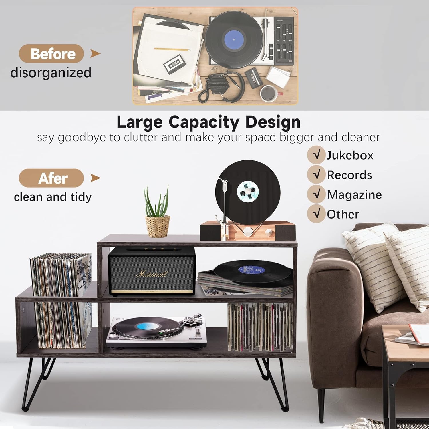 Record Player Stand Turntable Stand Cabinet Vinyl Record Storage Table LP Record Holder with Metal Legs for Bedroom Living Room Grey 34.1Inx18.1Inx21.1In