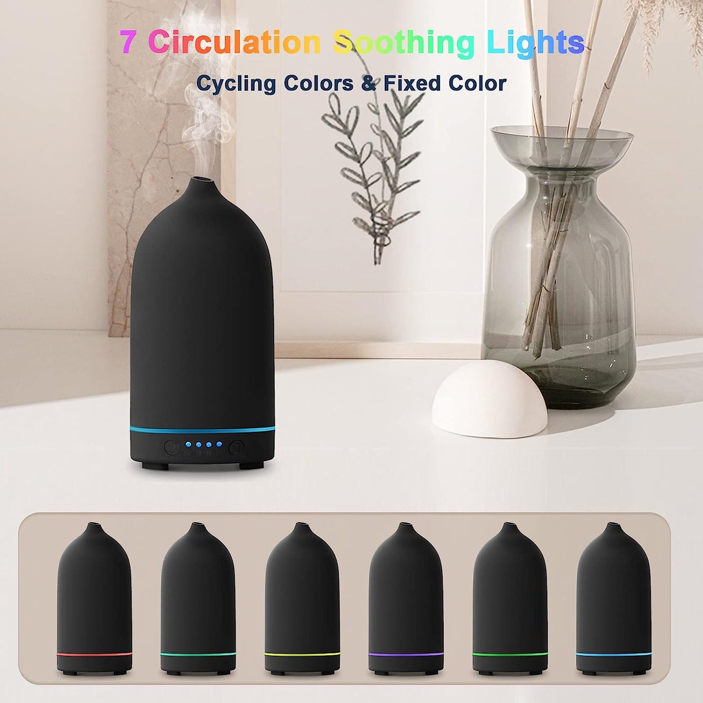 Essential Oil Diffuser Ceramic Aromatherapy Ultrasonic Cool Mist Aroma Oil Diffuser Fragrance 100Ml with Waterless Auto Shut-Off and 7-Color LED Light for Home Yoga Spa (Black)