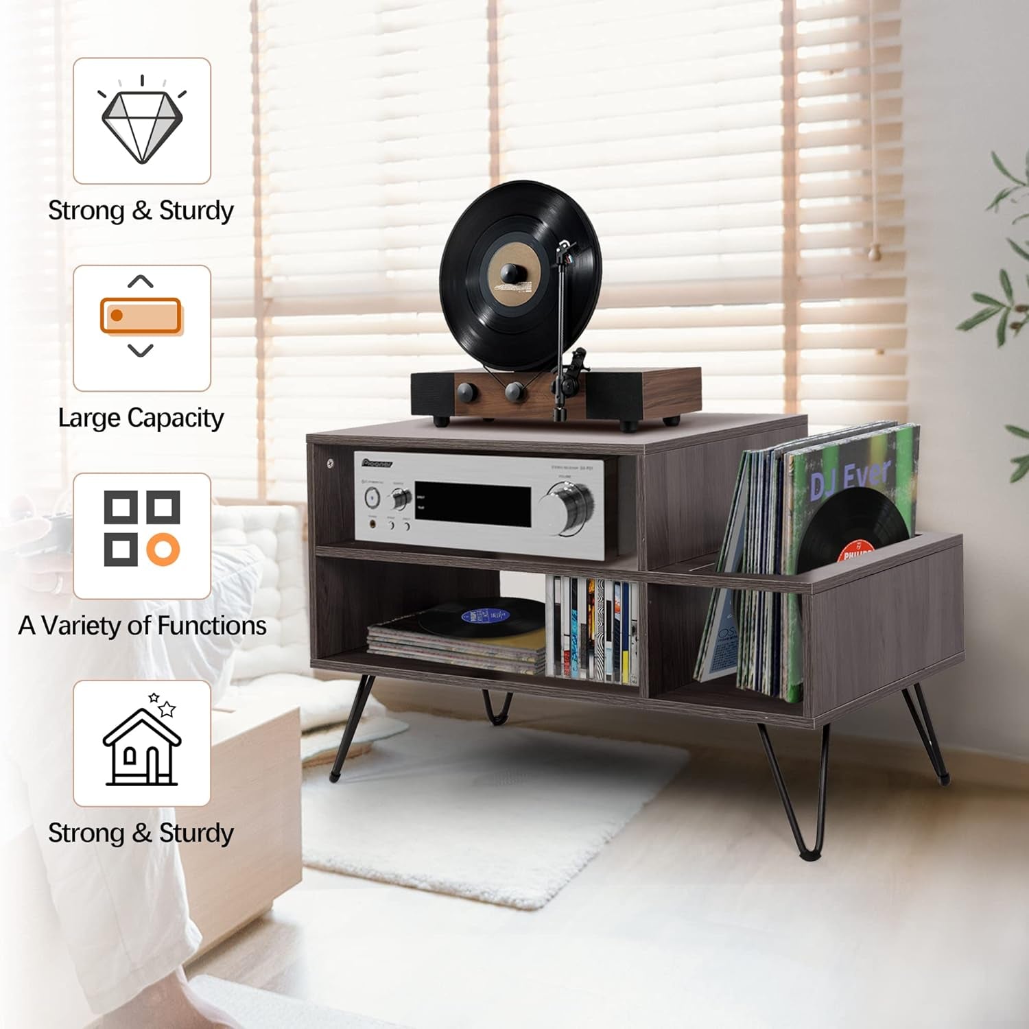 Record Player Stand Turntable Stand Cabinet Vinyl Record Storage Table LP Record Holder with Metal Legs for Bedroom Living Room Grey 34.1Inx18.1Inx21.1In