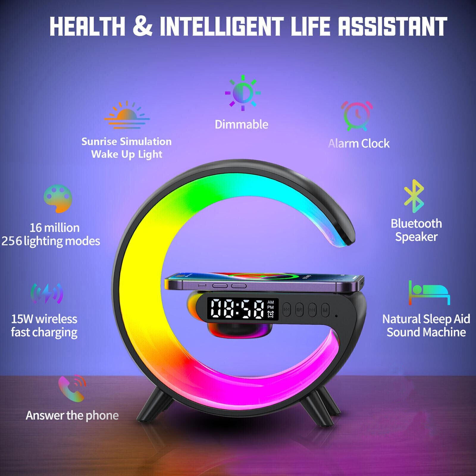 LED Smart G Lamp Wireless Charger Bluetooth Speaker RGB Alarm Clock Night Light