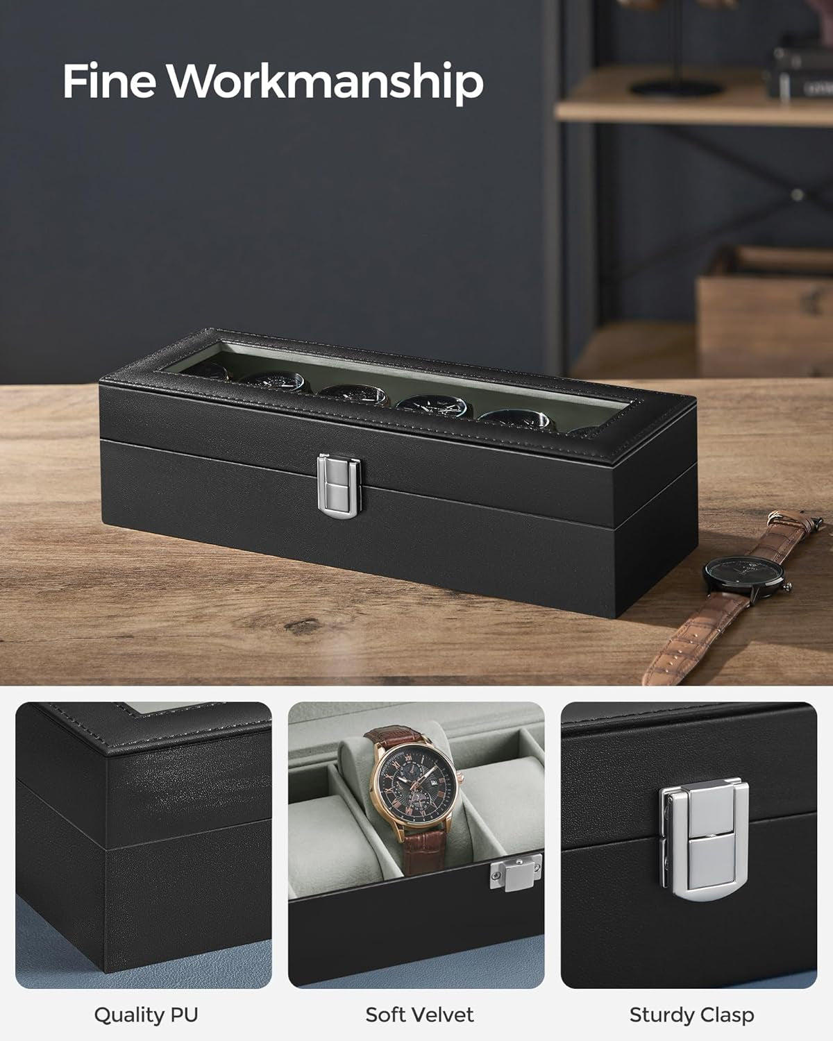 Watch Box with 6 Slots, Watch Case with Glass Lid, Watch Display Box with Removable Watch Pillows, Metal Clasp, Gift Idea, Black Synthetic Leather, Greenish Grey Lining JWB06BK