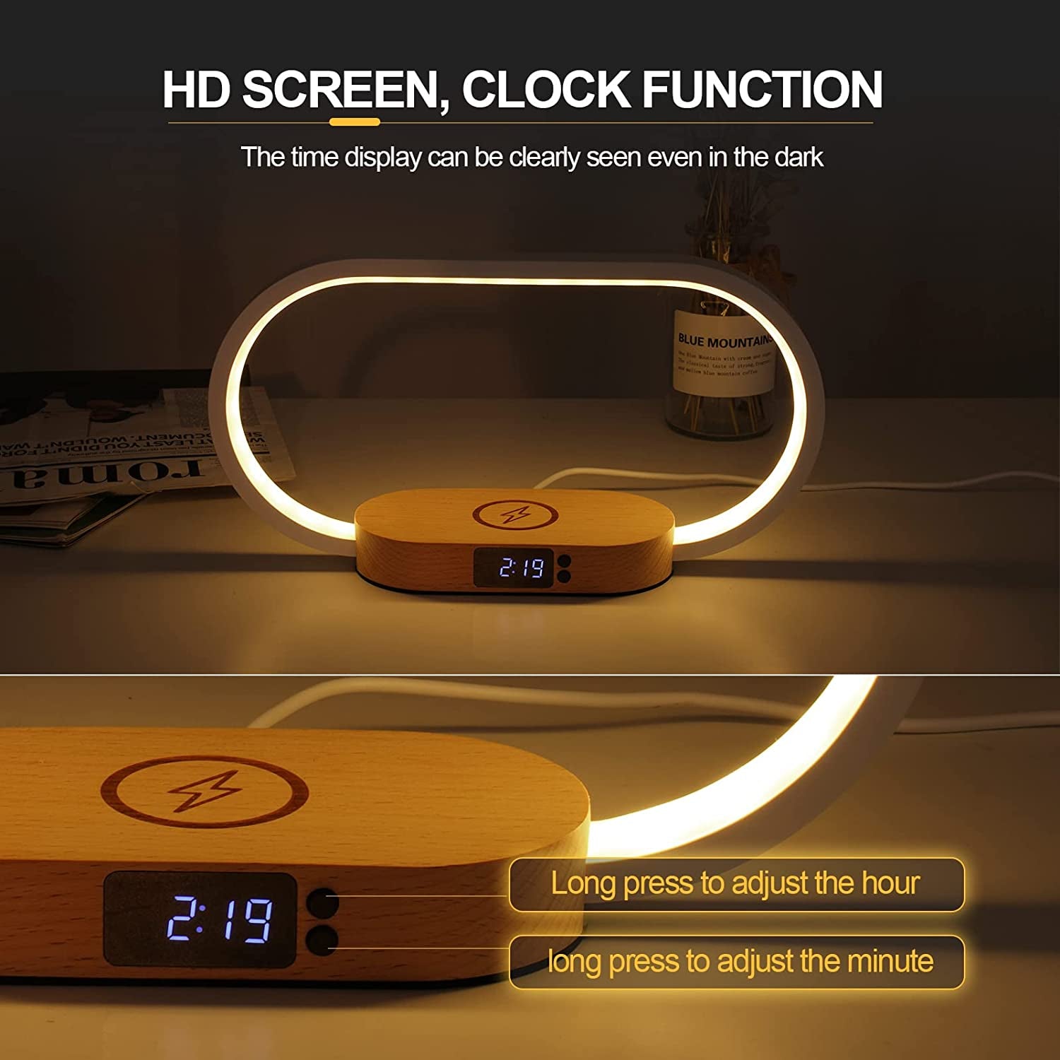 Bedside Lamp with Wireless Charging,Led Touch Control Table Lamp USB Night Light with 3 Colors Modes and Clock,Bedroom Bedside Night Light,Wooden Nightstand Lamp Modern Desk Lamp