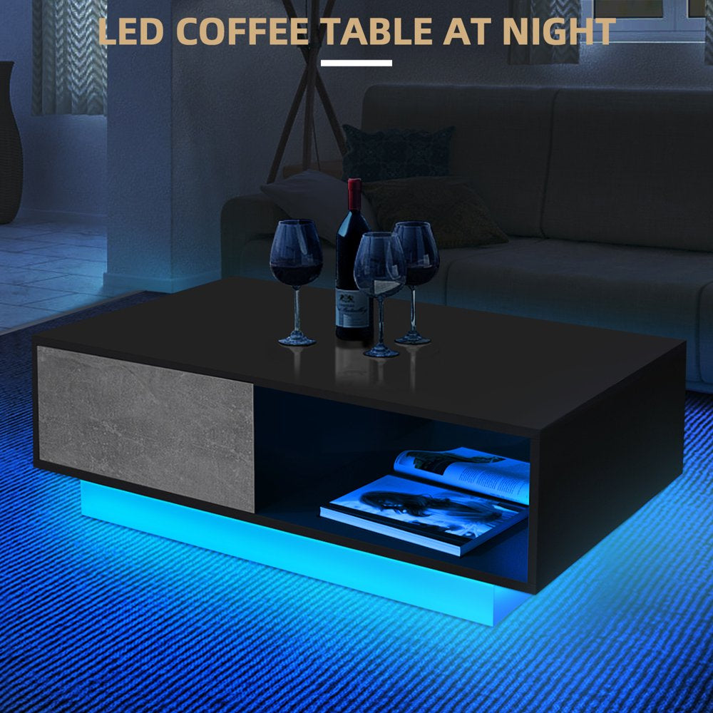 LED Coffee Table Center Table High Gloss Modern Coffee Table Sofa Side Tea Cocktail Tables with Drawer Open Shelf for Living Room Gray Black