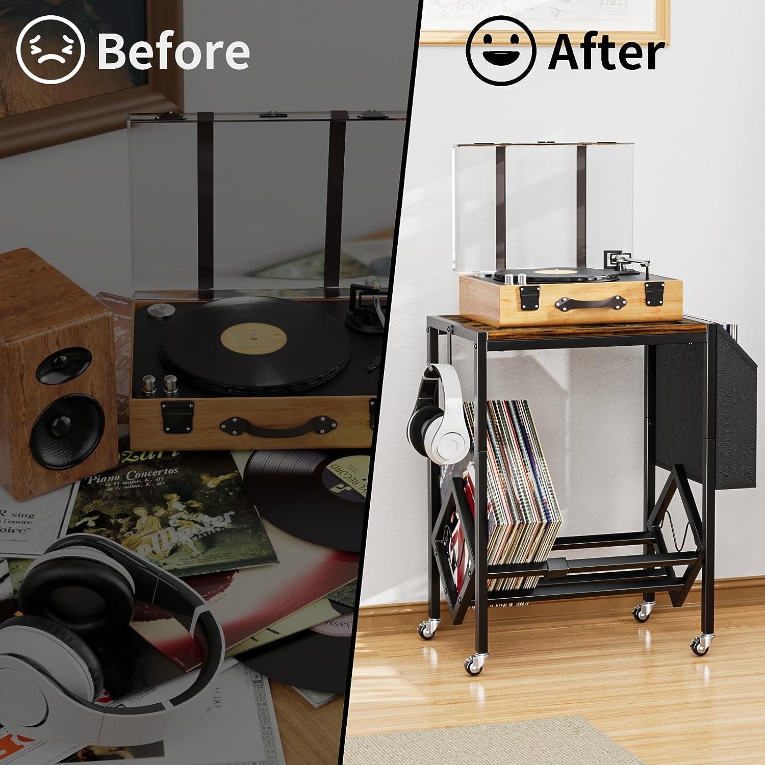 Vinyl Record Player Stand - Record Player Table with Storage Hold 80 Albums Turntable Stand with Organizer Pocket and Wheels