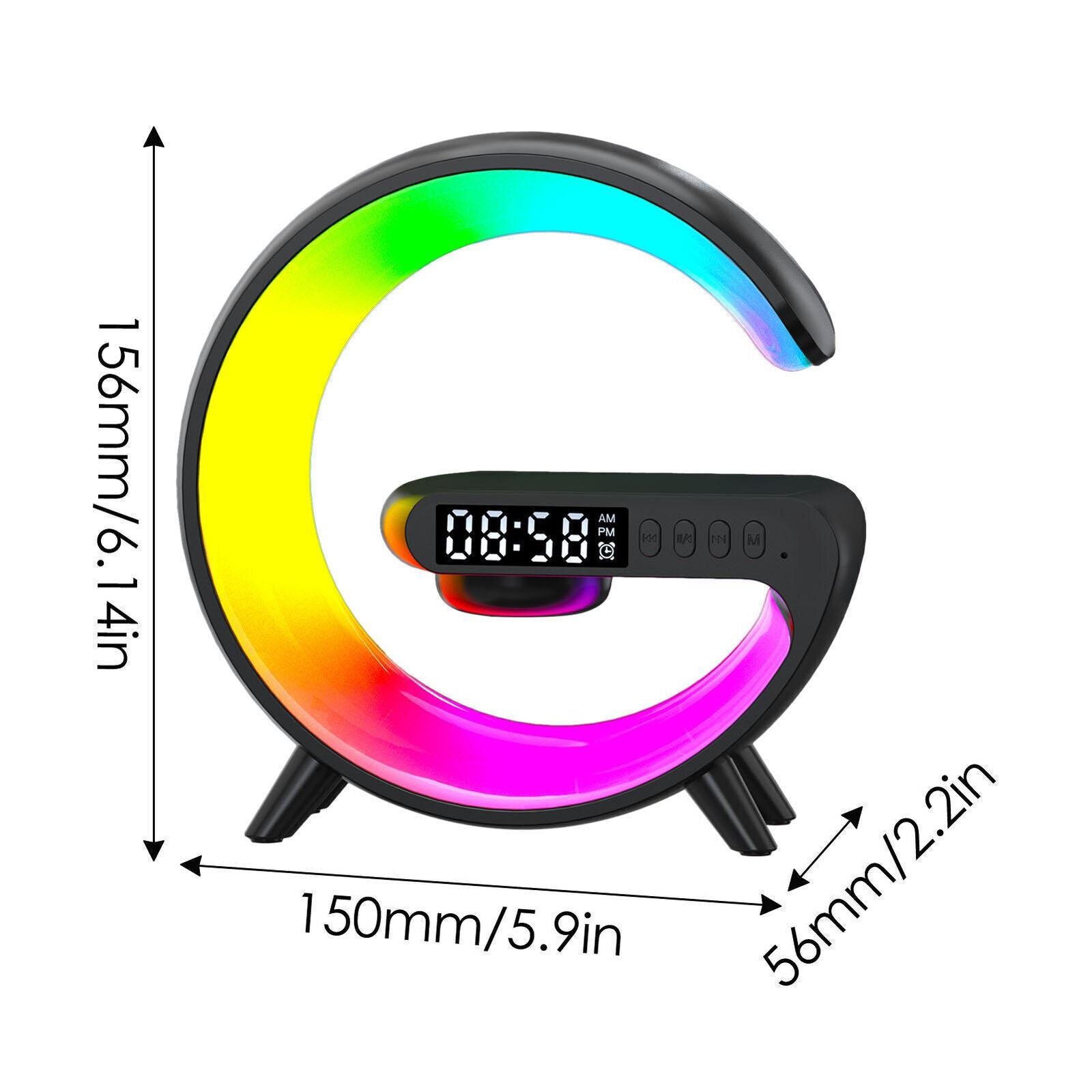 LED Smart G Lamp Wireless Charger Bluetooth Speaker RGB Alarm Clock Night Light