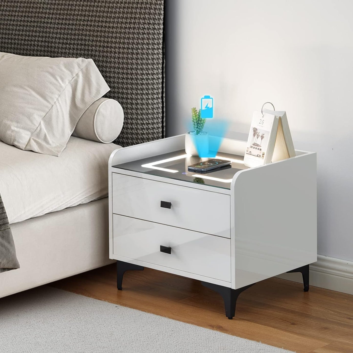 White High Gloss Bedside Table with 2 Drawers, Unique Smart Bedside Table with Wireless Charging Adjustable LED Lights Nightstand Bedroom Storage Cabinet