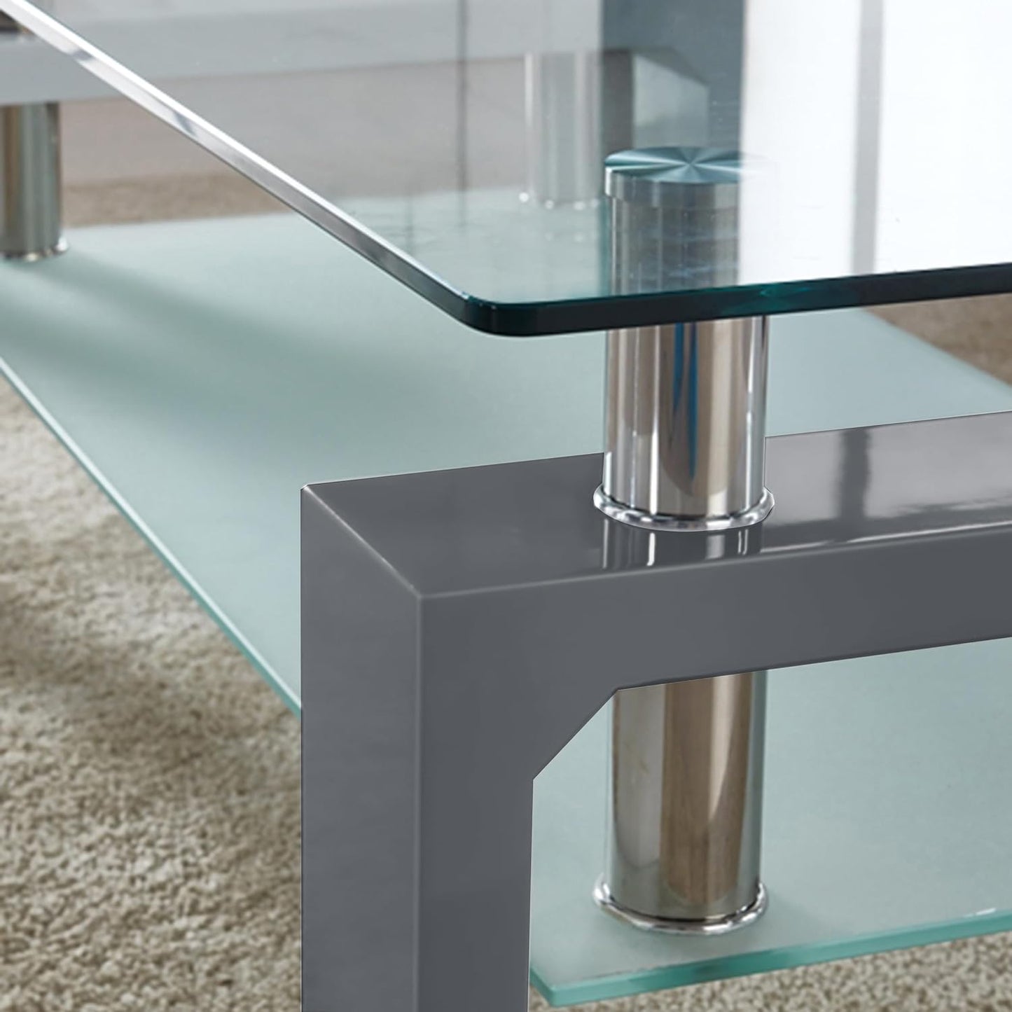 Coffee Table for Living Room, Rectangle Glass Coffee Table with Stainless Steel Tube & Wooden Legs, Modern Coffee Table with Storage Glass Shelf for Living Room Furniture (Grey)