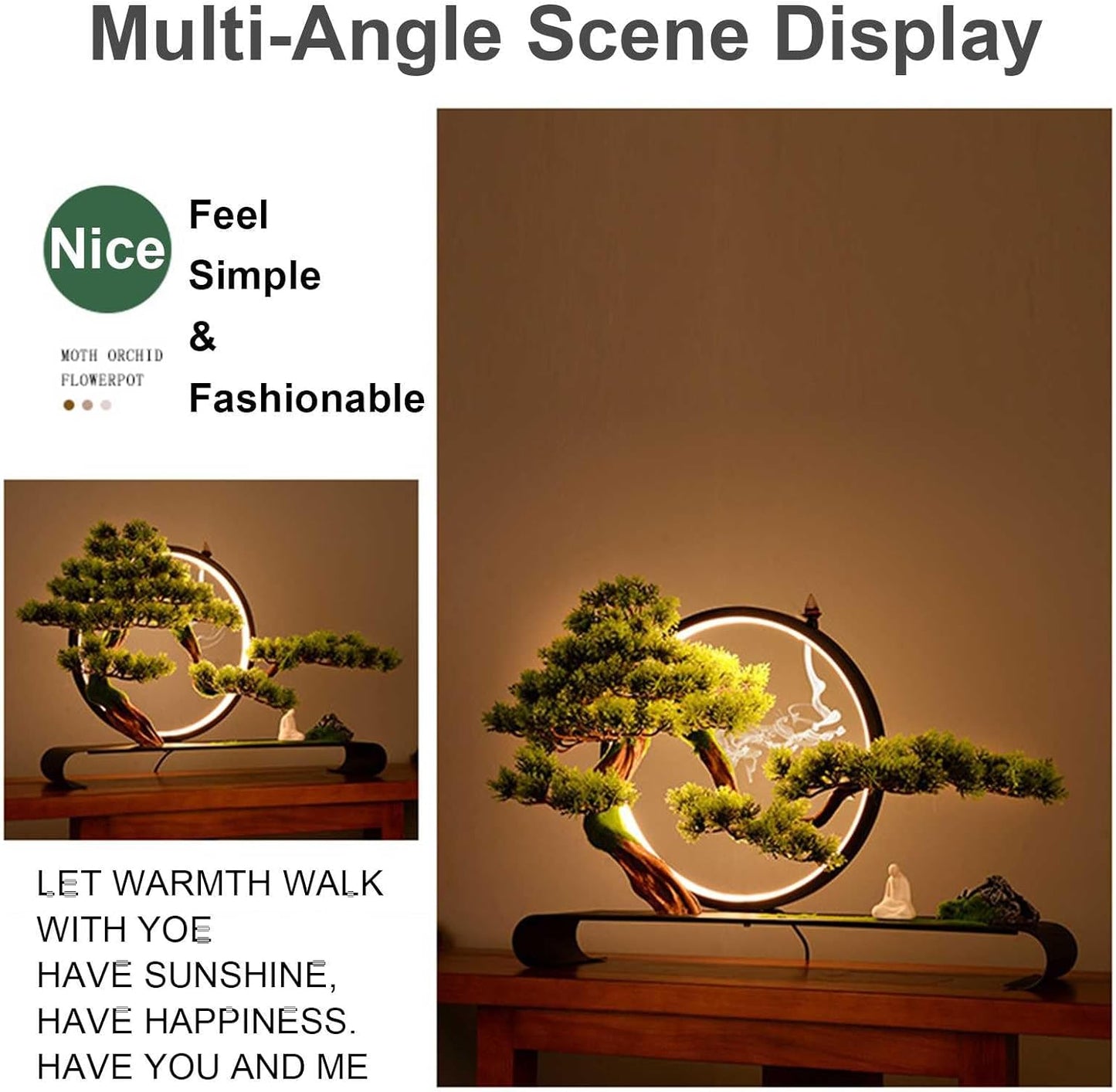 Artificial Tree with Lamp Ring, Zen Welcome Pine Faux Potted with Backflow Incense, Realistic Simulation Bonsai Green Plant for Home Office Desk Bedroom Farmhouse