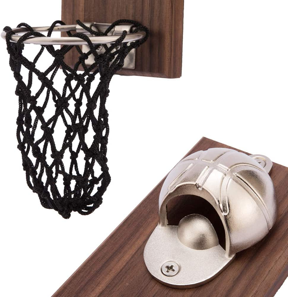 Magnetic Basketball Bottle Opener, Wooden Wall Mounted Opener with Cap Collector Catcher, Gift for Basketball and Beer Lovers, Use as Kitchen-Yard-Bar Decoration.