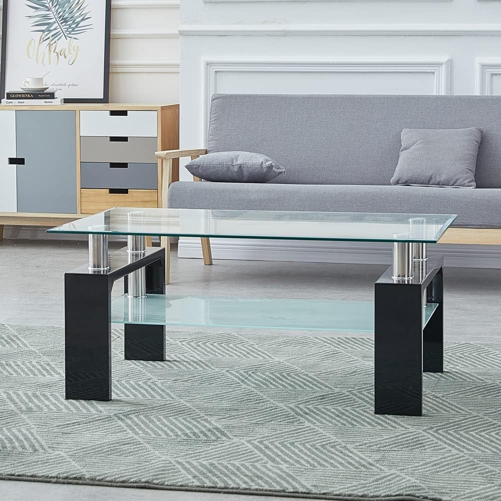 Modern Rectangle Coffee Table Tempered Glass Living Room Centre Table with 2 Tier Storage Shelf and Wooden Legs, Waiting Area Table for Living Room Reception Table,Black