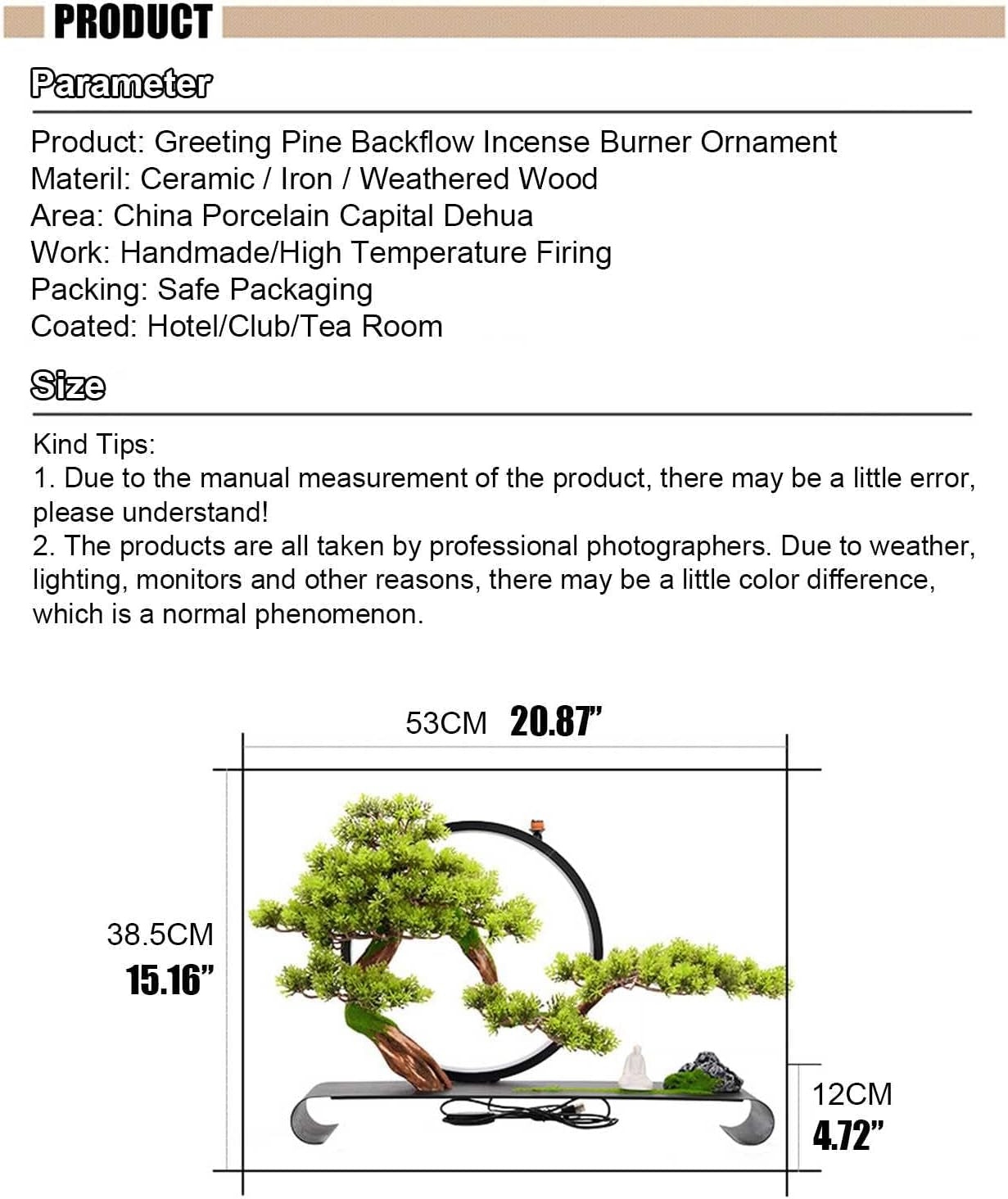 Artificial Tree with Lamp Ring, Zen Welcome Pine Faux Potted with Backflow Incense, Realistic Simulation Bonsai Green Plant for Home Office Desk Bedroom Farmhouse