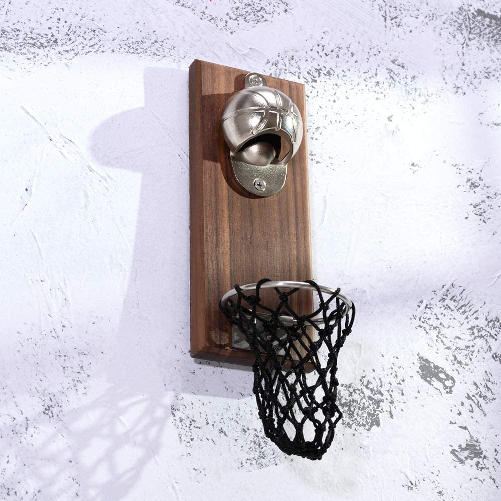 Magnetic Basketball Bottle Opener, Wooden Wall Mounted Opener with Cap Collector Catcher, Gift for Basketball and Beer Lovers, Use as Kitchen-Yard-Bar Decoration.