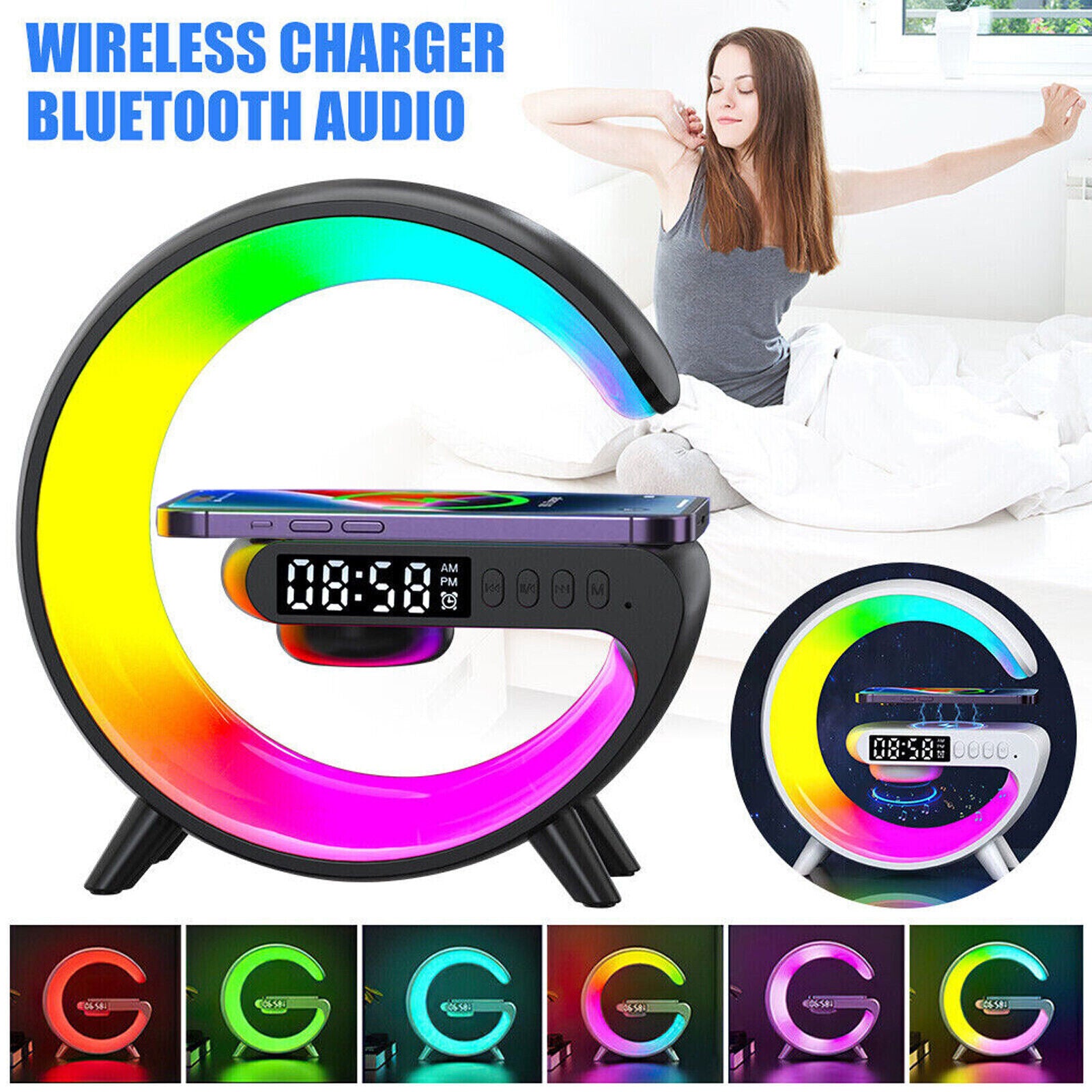 LED Smart G Lamp Wireless Charger Bluetooth Speaker RGB Alarm Clock Night Light