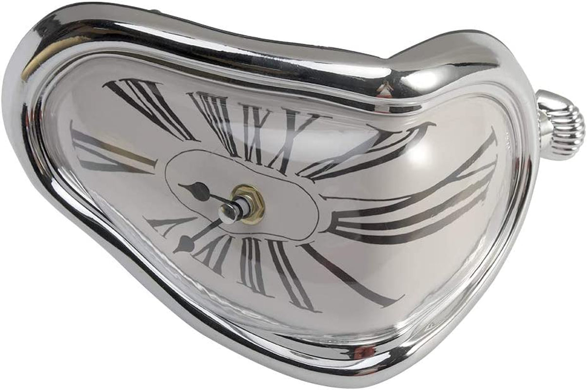 Melting Clock, Distorted Table Clock, Decorative Salvador Dali Style Watch Melted Clock, Melted Clock for Office Shelf Desk(Silver)