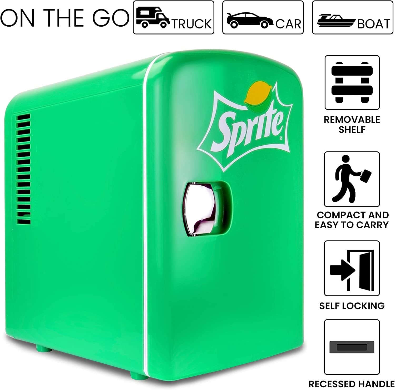 Coca Cola SP04 AZ Sprite 4L 6 Can Portable Cooler/Warmer, Compact Personal Travel Mini Fridge for Snacks Lunch Drinks Cosmetic, Includes 12V and AC Cords,Desk Accessory (Green)