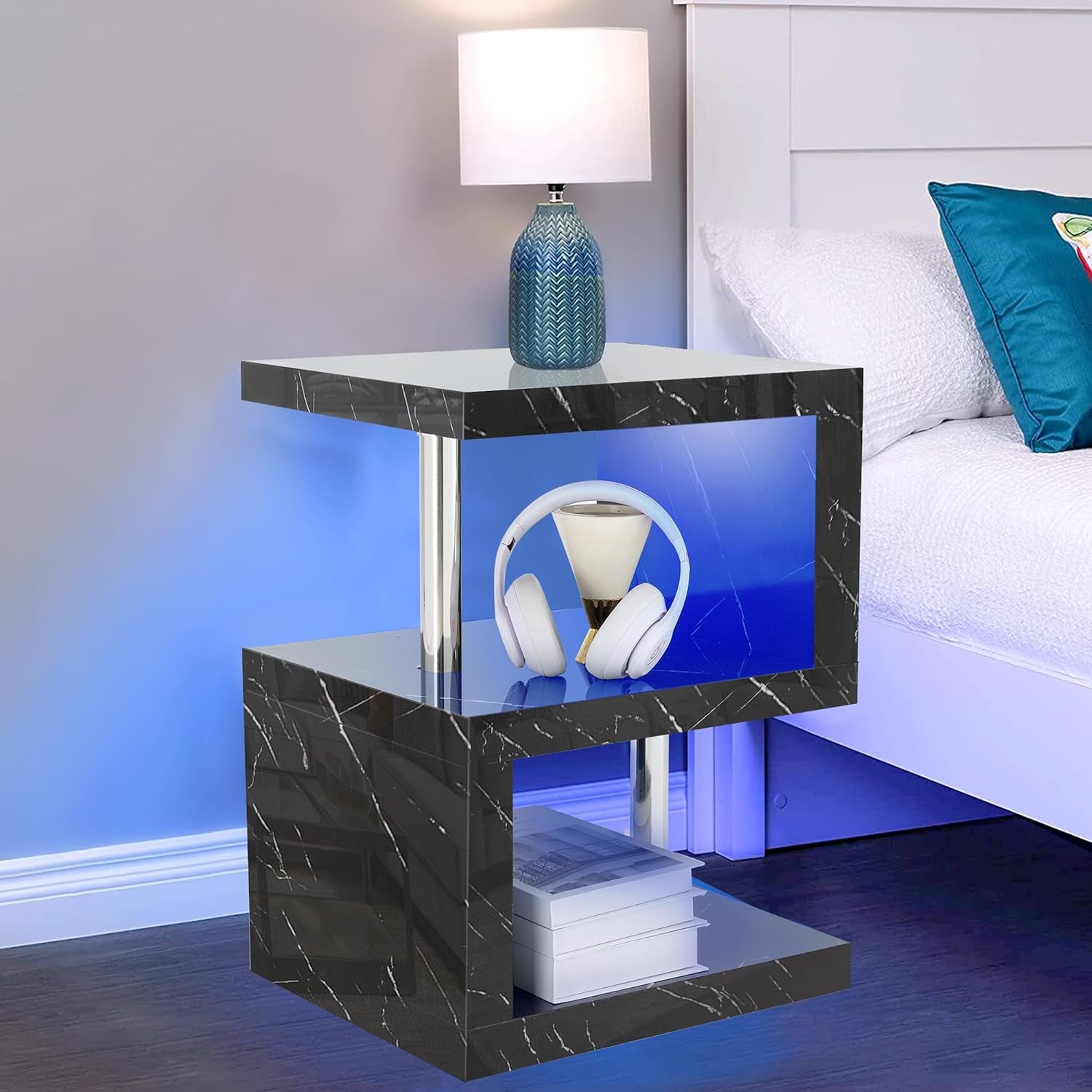 High Gloss Bedside Table with RGB LED Lights 2 Tier Shelf Side Table for Living Room, Bedroom Sofa Side Table, End Table Small Bedside Tables Nightstand Cabinet Side Tables for Small Spaces