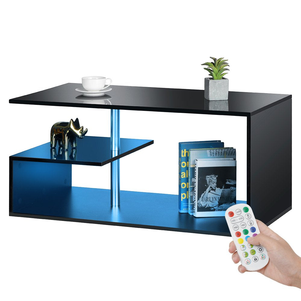 High Gloss Coffee Table with Open Shelf LED Lights Smart APP Control White Center Sofa End Table S Shaped Modern Cocktail Tables with for Living Room