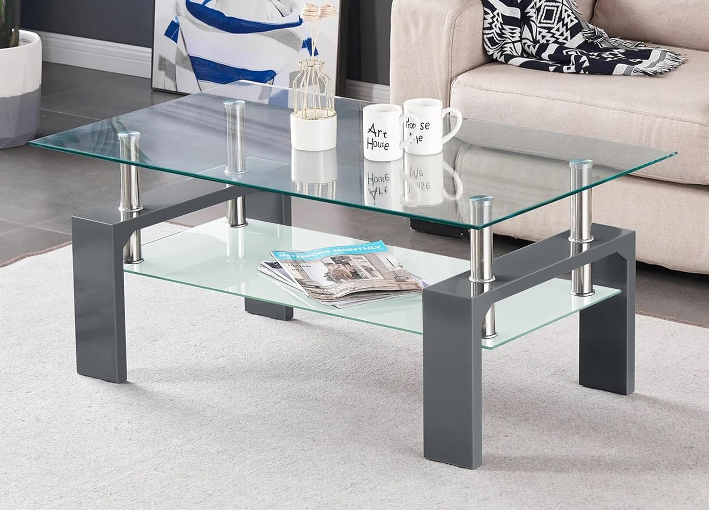 Coffee Table for Living Room, Rectangle Glass Coffee Table with Stainless Steel Tube & Wooden Legs, Modern Coffee Table with Storage Glass Shelf for Living Room Furniture (Grey)