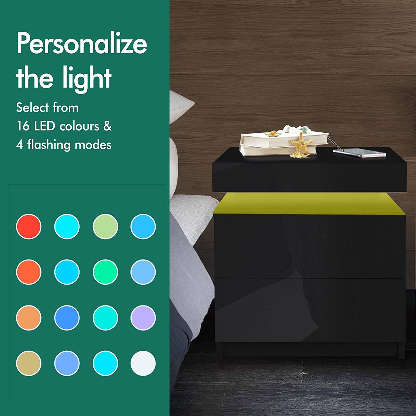 Bedside Table with 2 Drawers, 4 Sides High Gloss LED Bedside Cabinet with 16 Colours, Side Cabinet Nightstand Bedroom Living Room Furniture Black