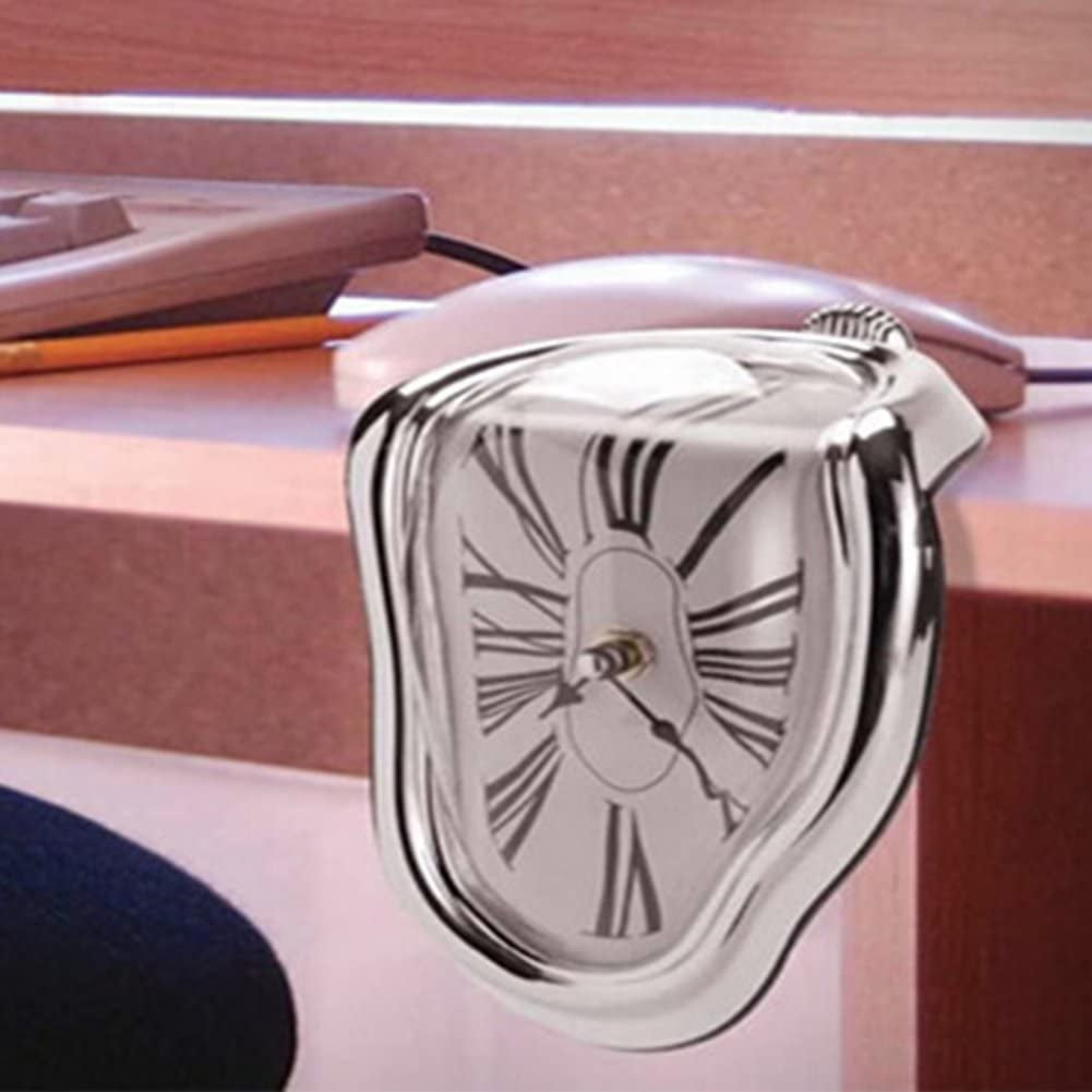 Melting Clock, Distorted Table Clock, Decorative Salvador Dali Style Watch Melted Clock, Melted Clock for Office Shelf Desk(Silver)