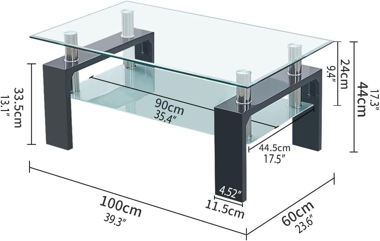 Modern Rectangle Coffee Table Tempered Glass Living Room Centre Table with 2 Tier Storage Shelf and Wooden Legs, Waiting Area Table for Living Room Reception Table,Black