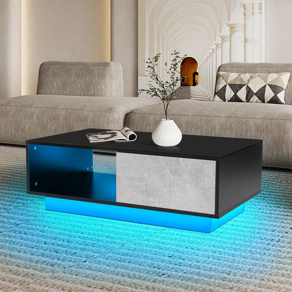 LED Coffee Table Center Table High Gloss Modern Coffee Table Sofa Side Tea Cocktail Tables with Drawer Open Shelf for Living Room Gray Black