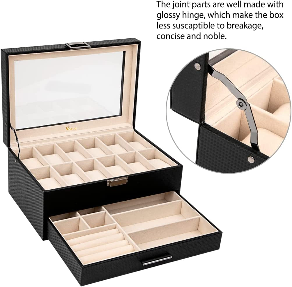 Watch Boxes Organizer Jewellery Box for Men Women,2 Layer Large 12 Slot PU Leather Watch Storage Case, Glass Top Jewelry Display Holder for Watches Sunglasses Rings Necklaces Bracelets,Black