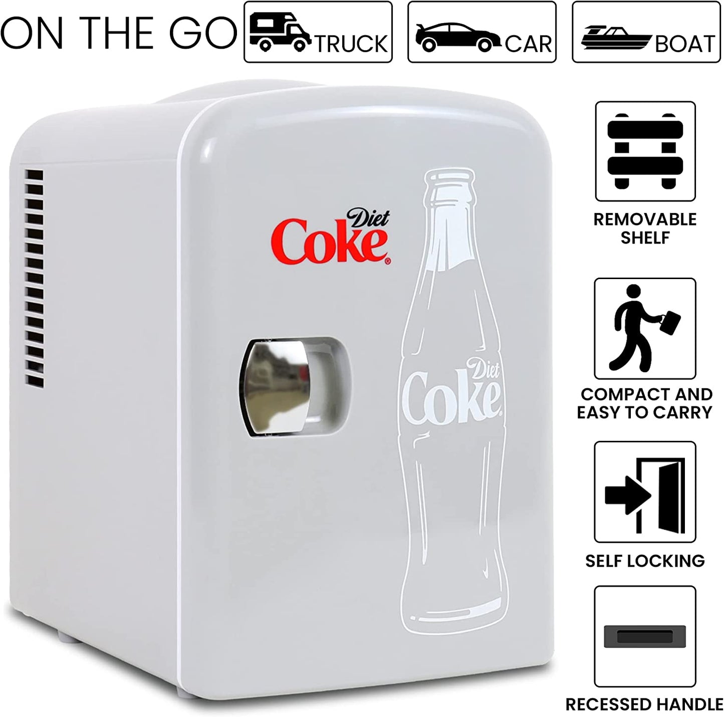 Diet Coke Mini Fridge for Bedrooms| 4L 6 Can 12V Compact Refrigerator for Snacks Lunch Drinks| Portable Personal Cooler/Warmer for Desktop Home Office Car Kids Travel Camping, Grey