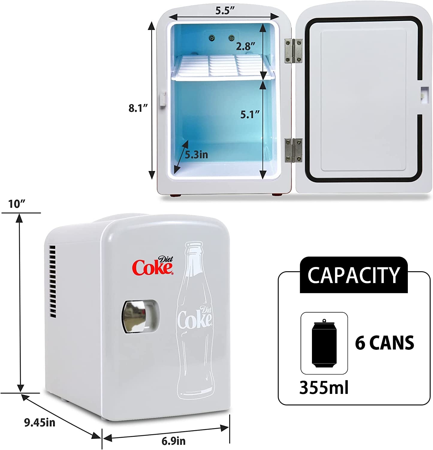 Diet Coke Mini Fridge for Bedrooms| 4L 6 Can 12V Compact Refrigerator for Snacks Lunch Drinks| Portable Personal Cooler/Warmer for Desktop Home Office Car Kids Travel Camping, Grey