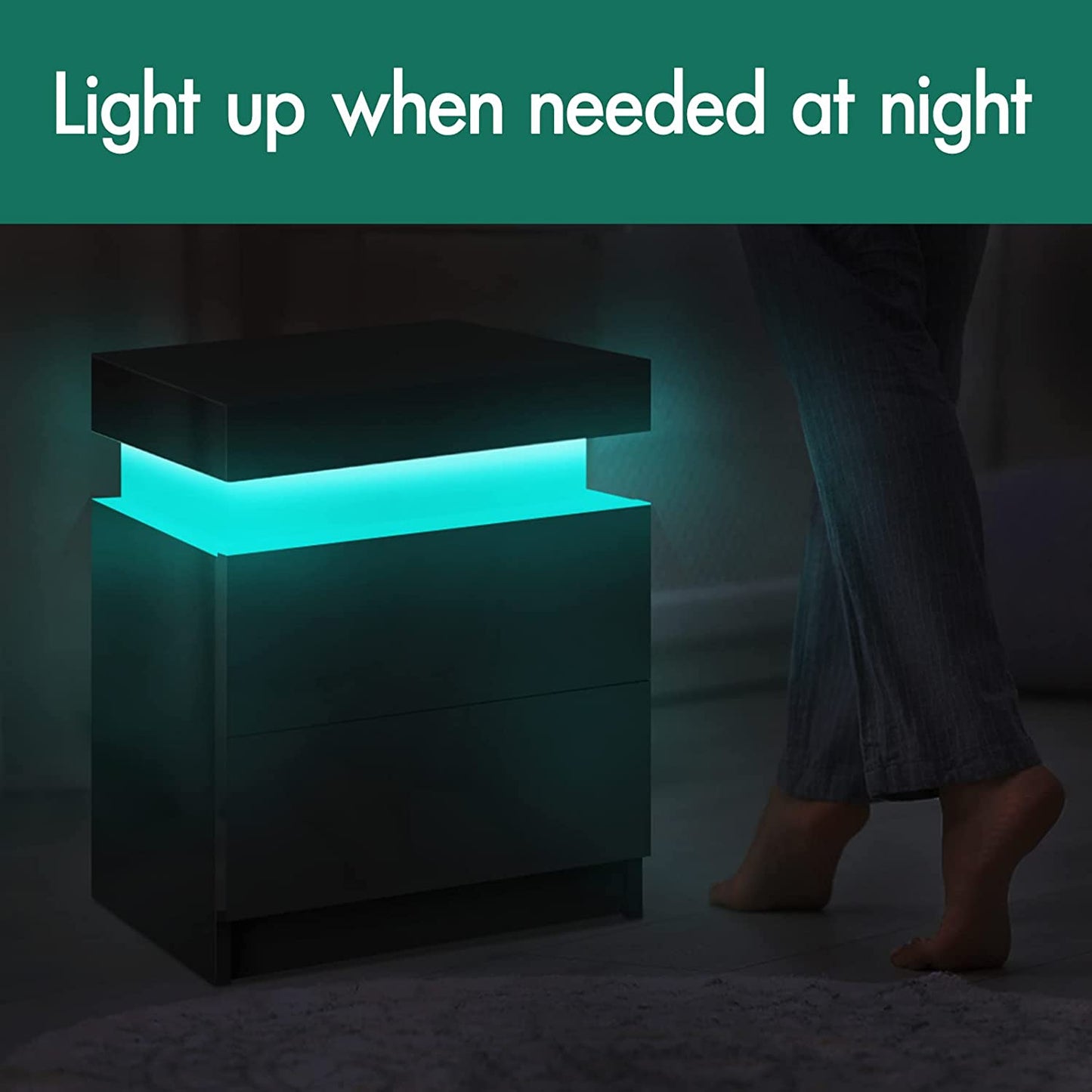 Bedside Table with 2 Drawers, 4 Sides High Gloss LED Bedside Cabinet with 16 Colours, Side Cabinet Nightstand Bedroom Living Room Furniture Black