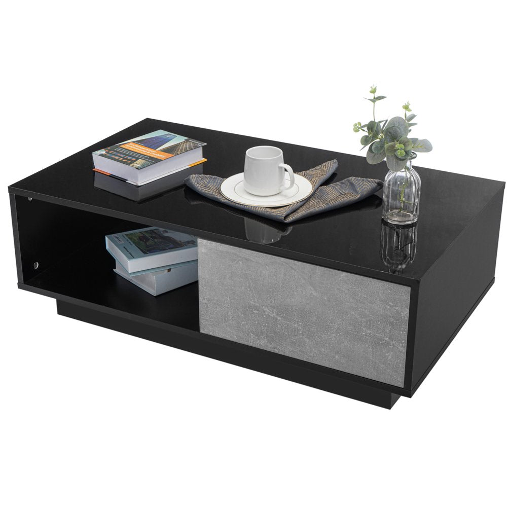 LED Coffee Table Center Table High Gloss Modern Coffee Table Sofa Side Tea Cocktail Tables with Drawer Open Shelf for Living Room Gray Black