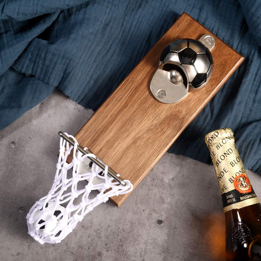 Football Bottle Opener with Cap Collector Catcher,Magnetic Refrigerator Paste Bottle Opener，Ideal Gift for Football Fans and Beer Lovers, Use as Bar Decoration.