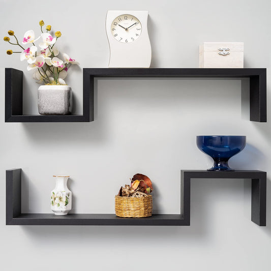 Floating Shelves | Black | Wall Mounted S Shape Design | Shelves for Wall | Wall Shelves for Bedroom, Living Room, Bathroom & Kitchen | Floating Shelf | Preassembled Decor Wall Shelf