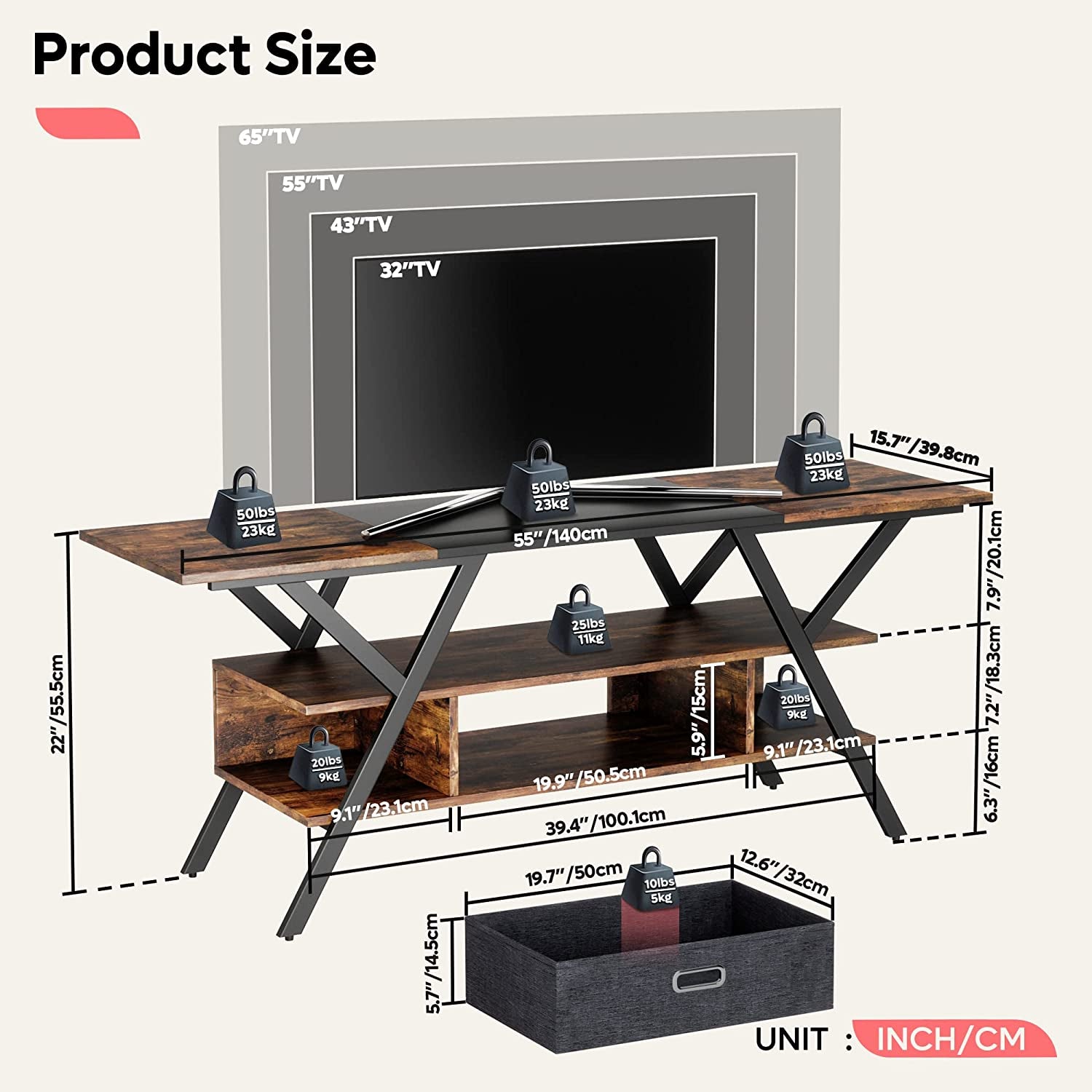 Bedroom TV Stand for 55 Inch TV Gaming Entertainment Center Industrial Rustic TV Stand with Led Lights 20 Modes TV Console with Fabric Drawer