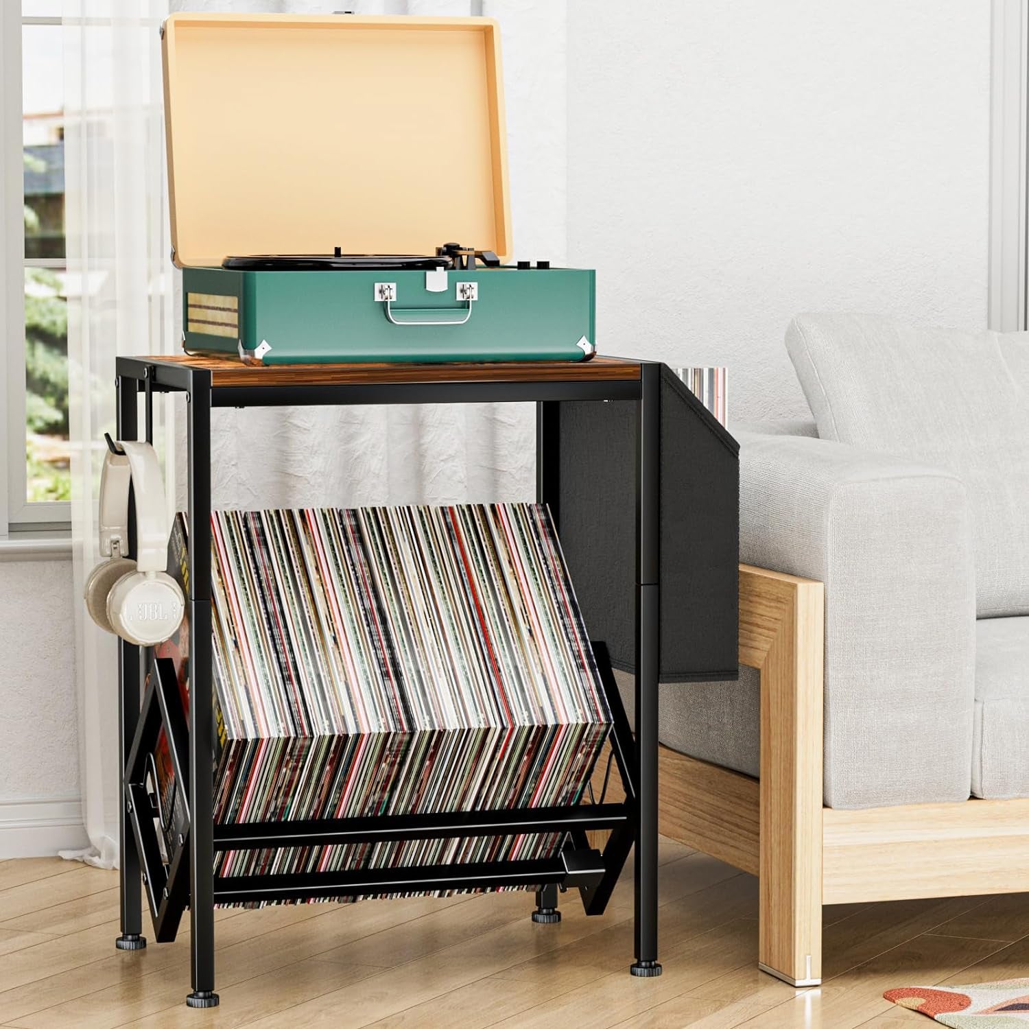 Vinyl Record Player Stand - Record Player Table with Storage Hold 80 Albums Turntable Stand with Organizer Pocket and Wheels